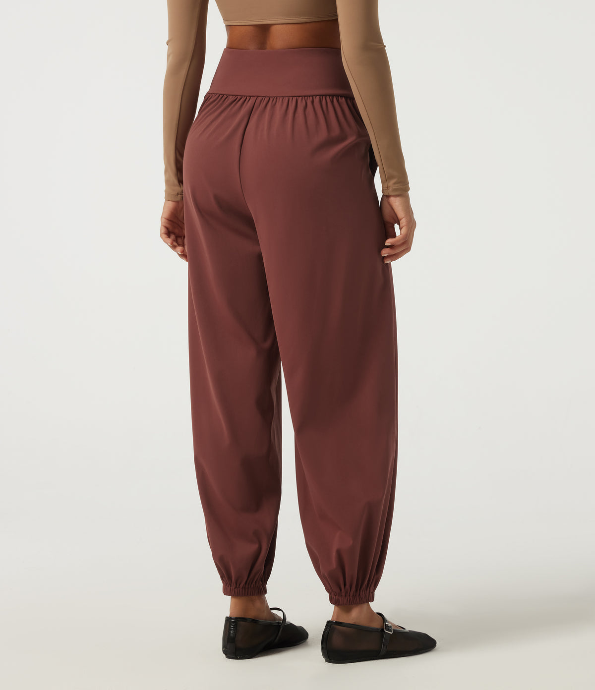 Airy High Waisted Ruched Casual Trousers with Pockets — Madder Brown — view 2