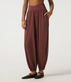 Airy High Waisted Ruched Casual Trousers with Pockets — Madder Brown — view 3