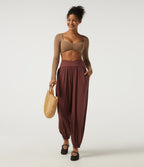 Airy High Waisted Ruched Casual Trousers with Pockets — Madder Brown — view 8