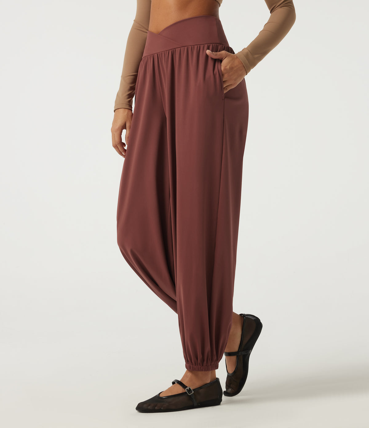 Airy High Waisted Ruched Casual Trousers with Pockets — Madder Brown — view 1
