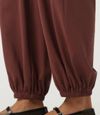 Airy High Waisted Ruched Casual Trousers with Pockets — Madder Brown — view 6