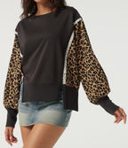 Round Neck Drop Shoulder Long Sleeve Split Hem Leopard Print Casual Top — After Dark — view 5