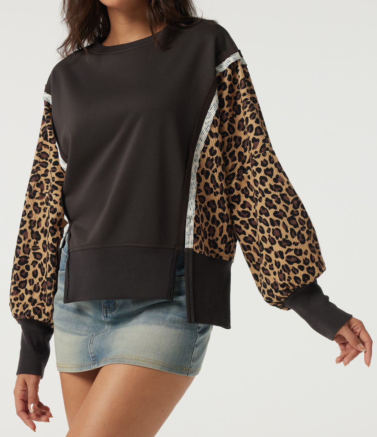 Round Neck Drop Shoulder Long Sleeve Split Hem Leopard Print Casual Top — After Dark — view 5