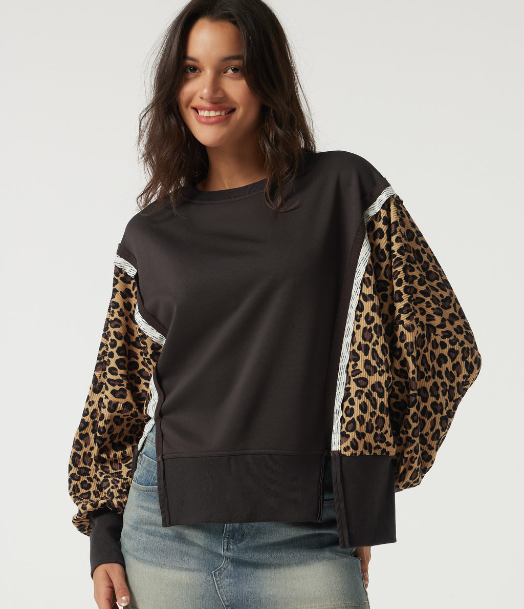 Round Neck Drop Shoulder Long Sleeve Split Hem Leopard Print Casual Top — After Dark — view 4