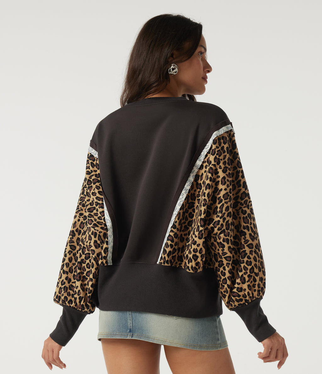 Round Neck Drop Shoulder Long Sleeve Split Hem Leopard Print Casual Top — After Dark — view 2