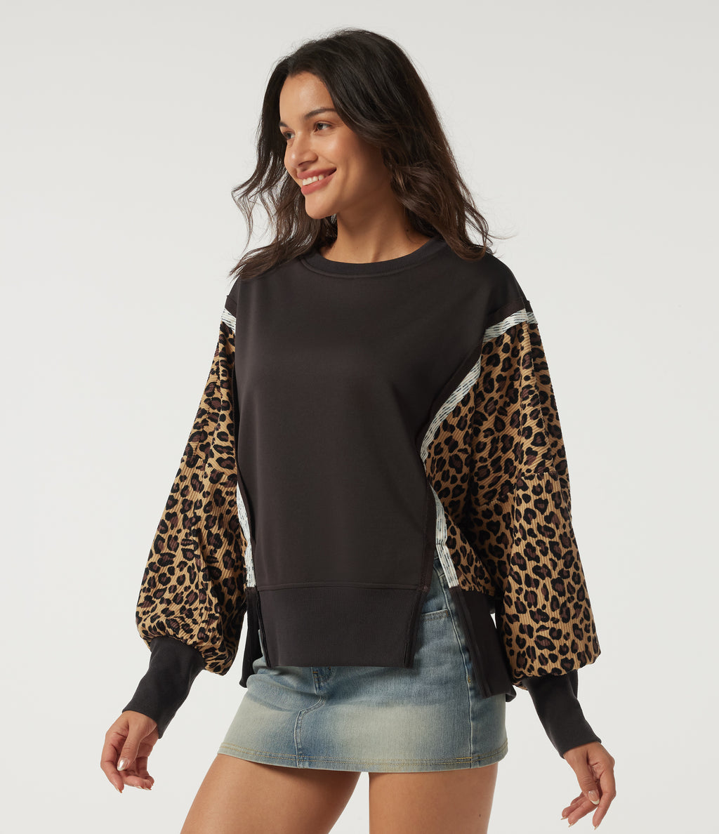 Round Neck Drop Shoulder Long Sleeve Split Hem Leopard Print Casual Top — After Dark — view 3