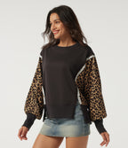 Round Neck Drop Shoulder Long Sleeve Split Hem Leopard Print Casual Top — After Dark — view 3