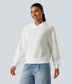 Hooded Drop Shoulder Long Sleeve Waffle Casual Sweatshirt — White — view 3