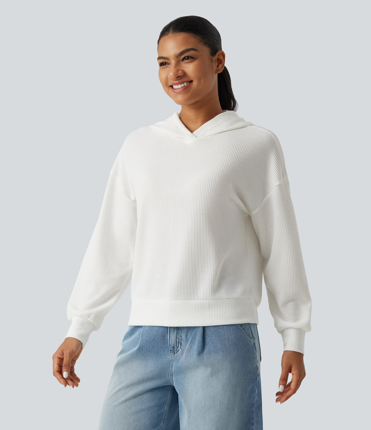 Hooded Drop Shoulder Long Sleeve Waffle Casual Sweatshirt — White — view 3