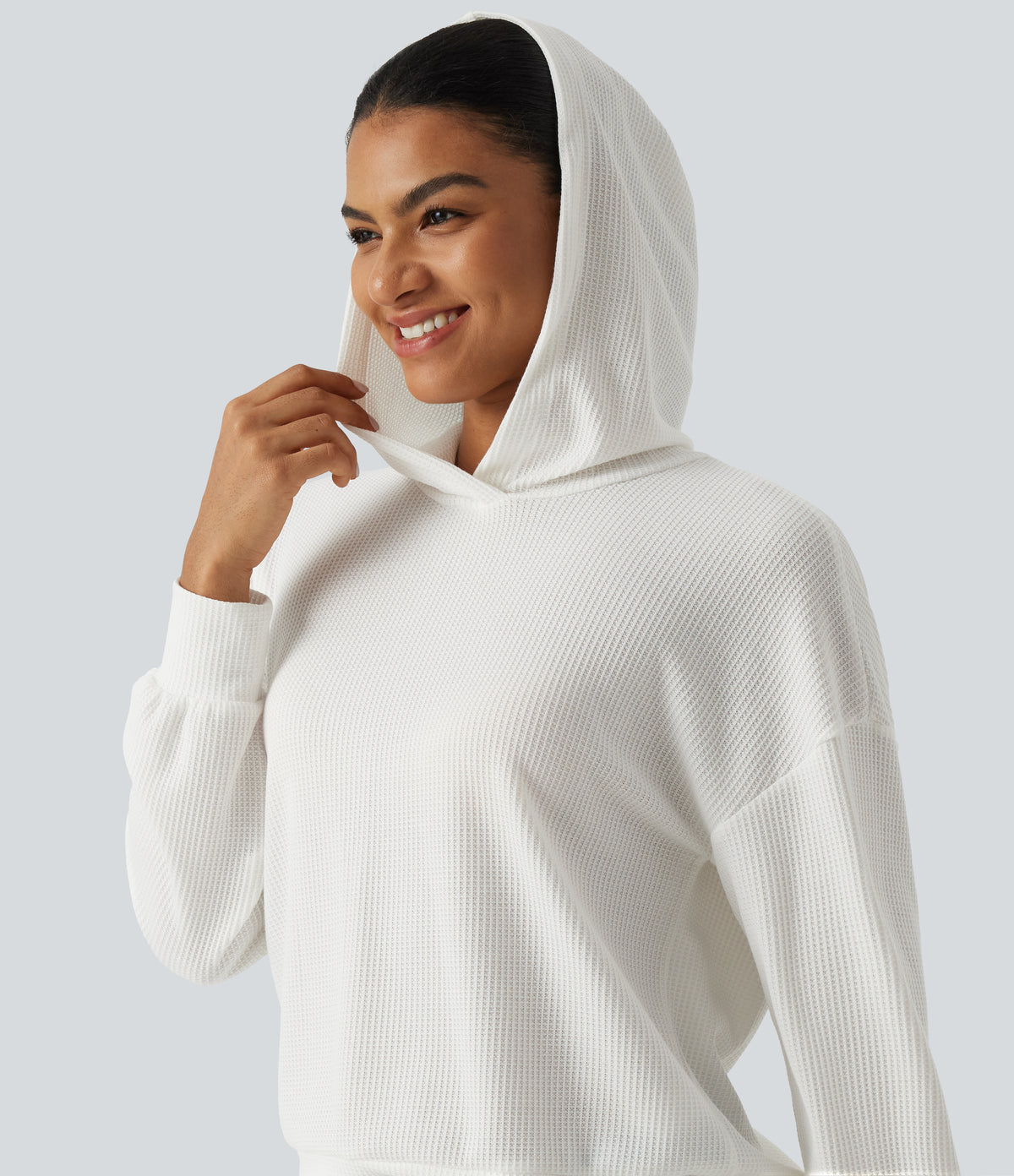 Hooded Drop Shoulder Long Sleeve Waffle Casual Sweatshirt — White — view 4