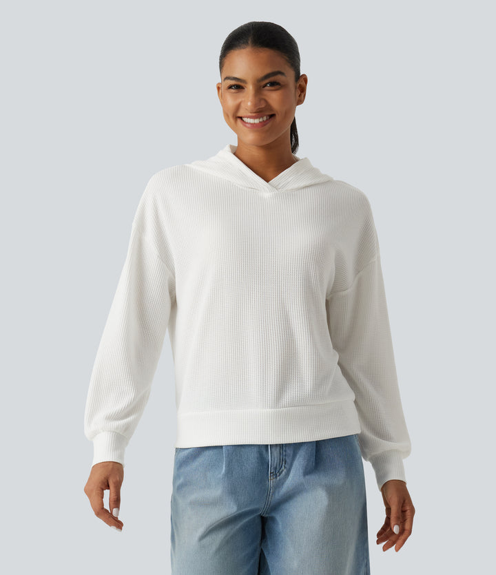 Hooded Drop Shoulder Long Sleeve Waffle Casual Sweatshirt — White — view 1