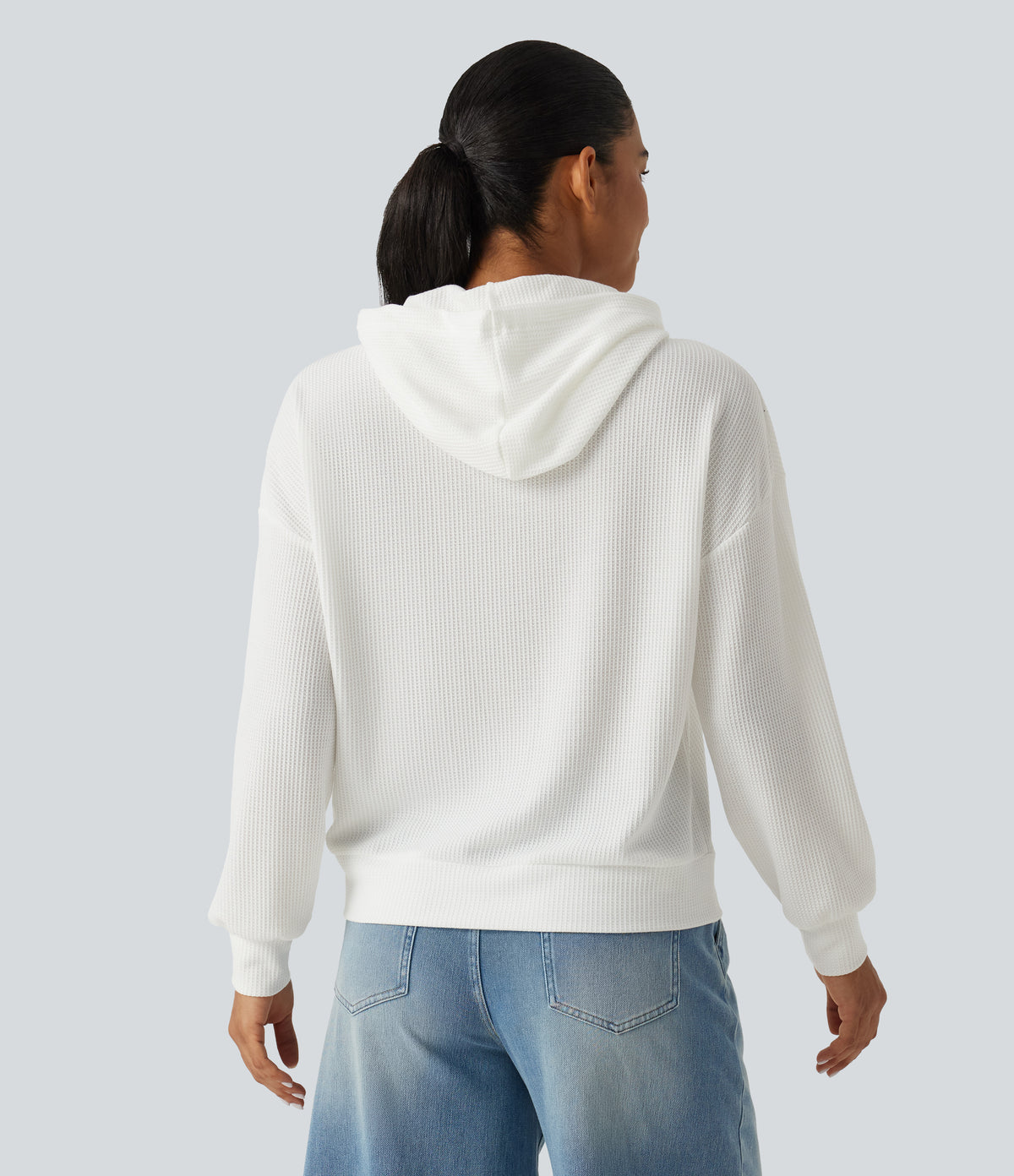 Hooded Drop Shoulder Long Sleeve Waffle Casual Sweatshirt — White — view 2