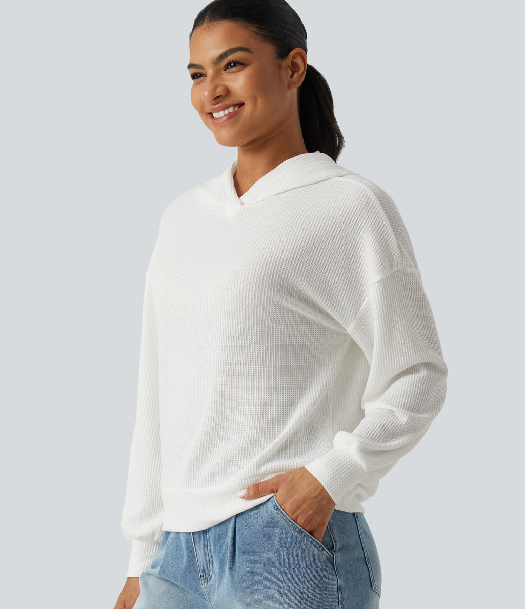Hooded Drop Shoulder Long Sleeve Waffle Casual Sweatshirt — White — view 5