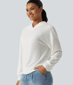 Hooded Drop Shoulder Long Sleeve Waffle Casual Sweatshirt — White — view 5