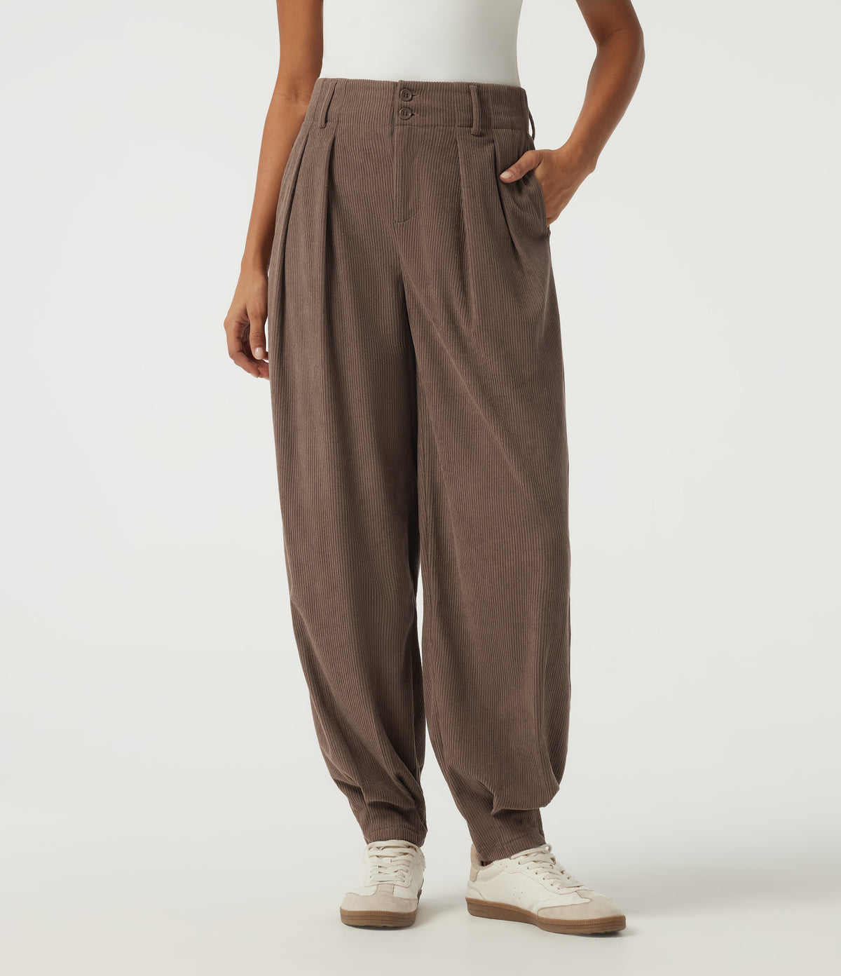 High Waisted Corduroy Casual Trousers with Pockets — Acorn — view 3