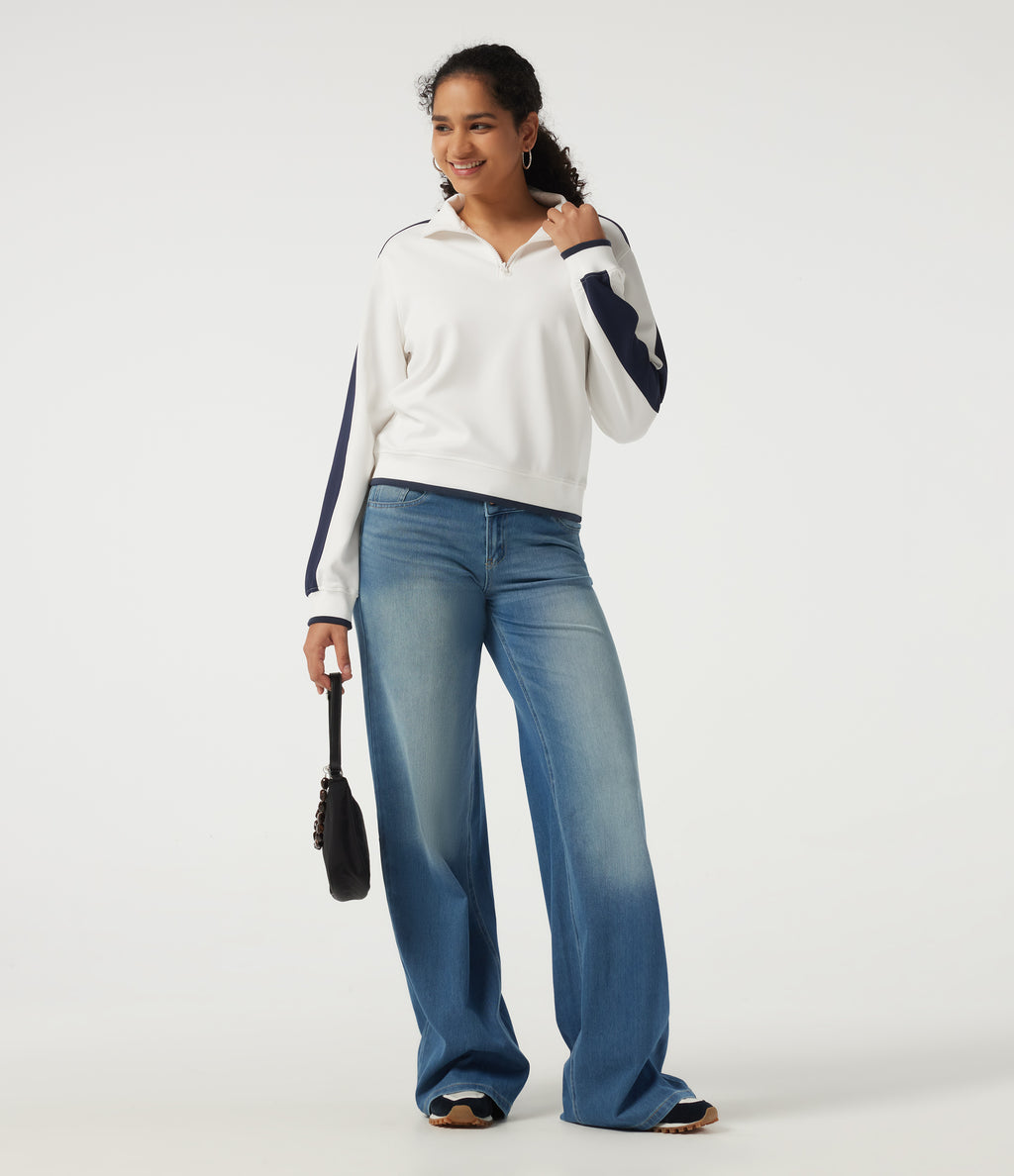 Mock Neck Long Sleeve Half Zip Casual Sports Sweatshirt — White — view 7