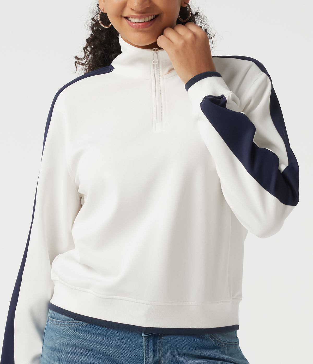 Mock Neck Long Sleeve Half Zip Casual Sports Sweatshirt — White — view 5
