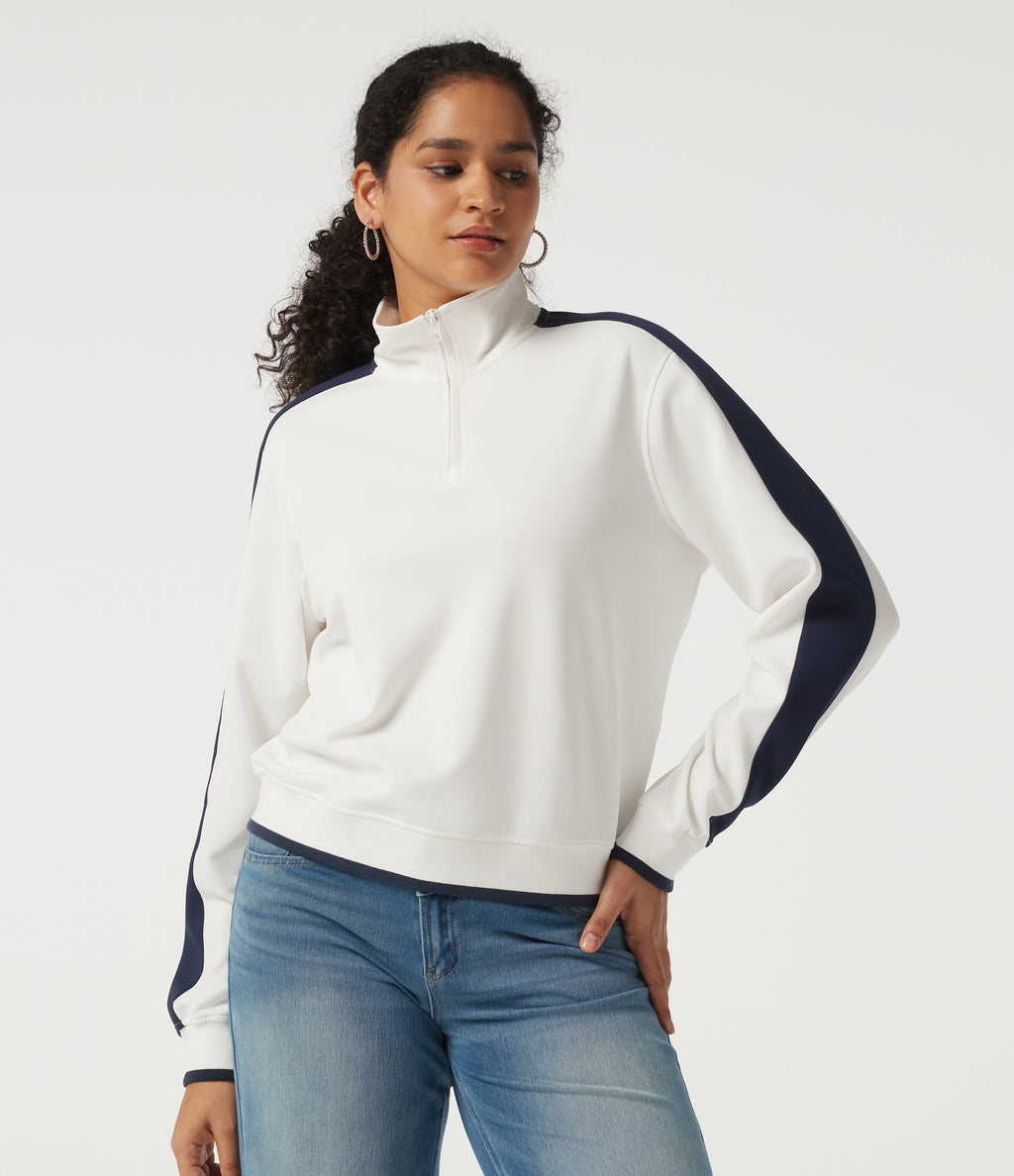 Mock Neck Long Sleeve Half Zip Casual Sports Sweatshirt — White — view 4