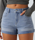 Low Rise Rolled Hem Casual Shorts 3" with Pockets — Malibu Blue Denim — view 5