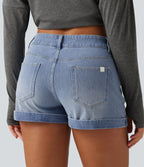 Low Rise Rolled Hem Casual Shorts 3" with Pockets — Malibu Blue Denim — view 4