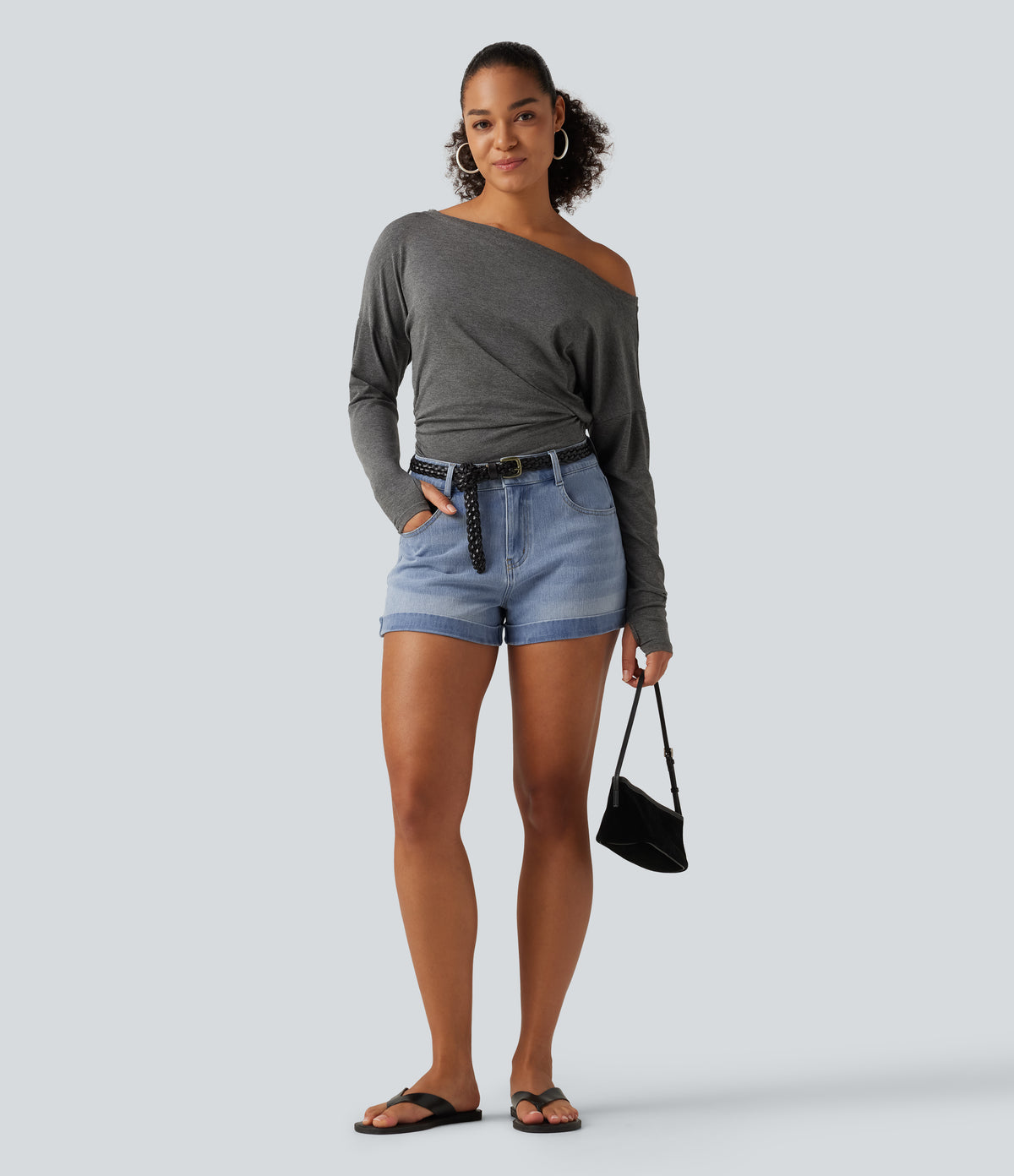 Low Rise Rolled Hem Casual Shorts 3" with Pockets — Malibu Blue Denim — view 7