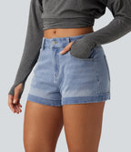 Low Rise Rolled Hem Casual Shorts 3" with Pockets — Malibu Blue Denim — view 1