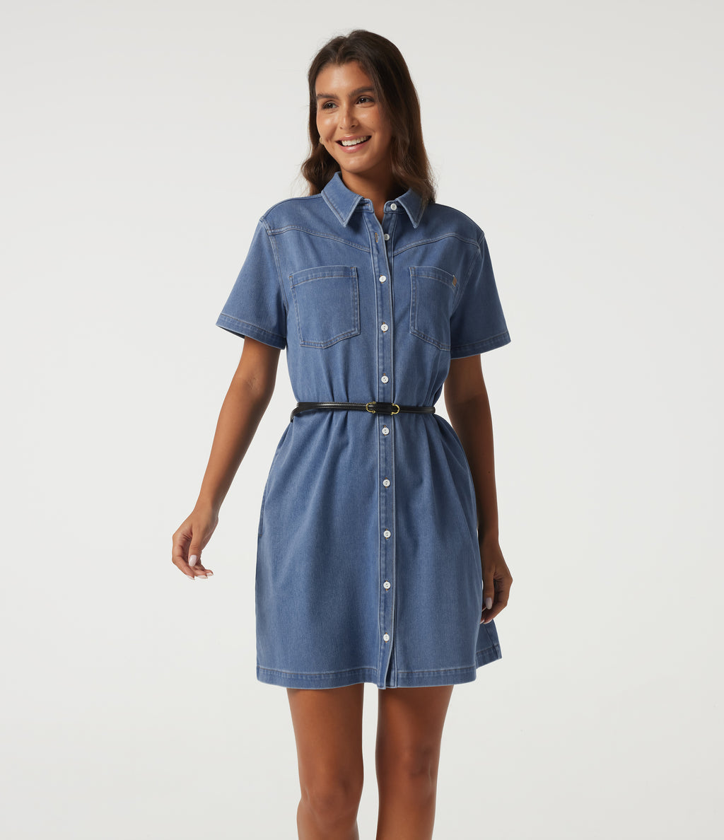 Short Sleeve Mini Denim Casual Dress with Pockets — Vallarta Blue Denim — view 1