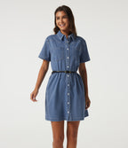 Short Sleeve Mini Denim Casual Dress with Pockets — Vallarta Blue Denim — view 1