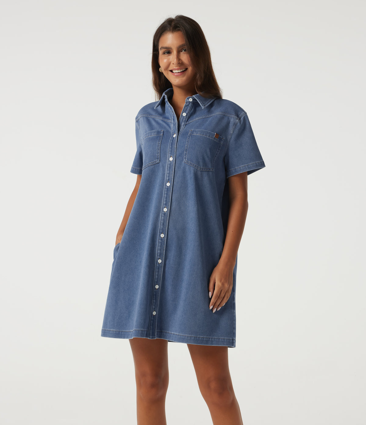 Short Sleeve Mini Denim Casual Dress with Pockets — Vallarta Blue Denim — view 4