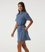 Short Sleeve Mini Denim Casual Dress with Pockets — Vallarta Blue Denim — view 3