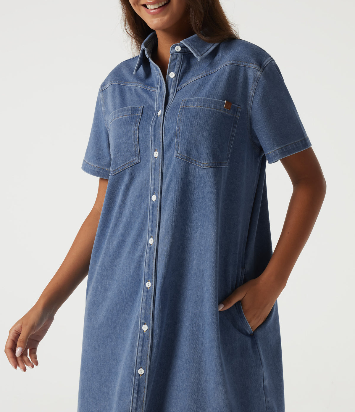 Short Sleeve Mini Denim Casual Dress with Pockets — Vallarta Blue Denim — view 5
