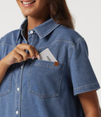 Short Sleeve Mini Denim Casual Dress with Pockets — Vallarta Blue Denim — view 6