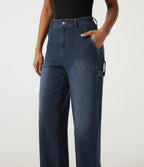 Mid Rise Straight Leg Rolled Hem Casual Cotton Jeans with Pockets — Muted Slate Indigo — view 4