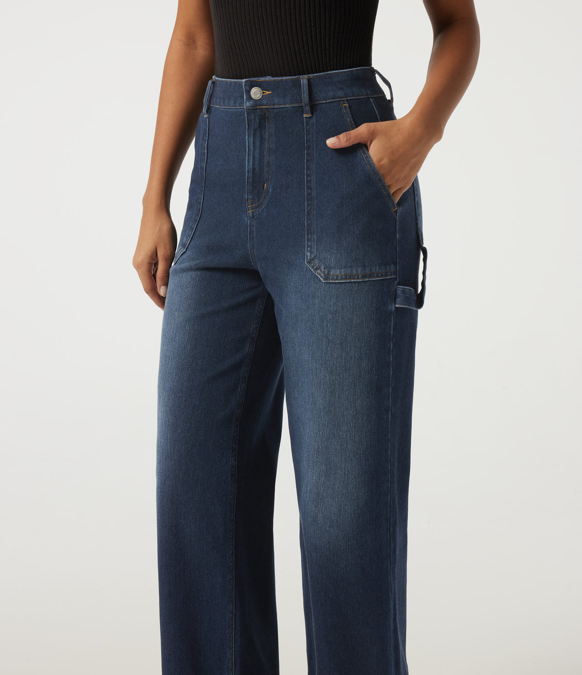 Mid Rise Straight Leg Rolled Hem Casual Cotton Jeans with Pockets — Muted Slate Indigo — view 4