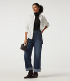 Mid Rise Straight Leg Rolled Hem Casual Cotton Jeans with Pockets — Muted Slate Indigo — view 8