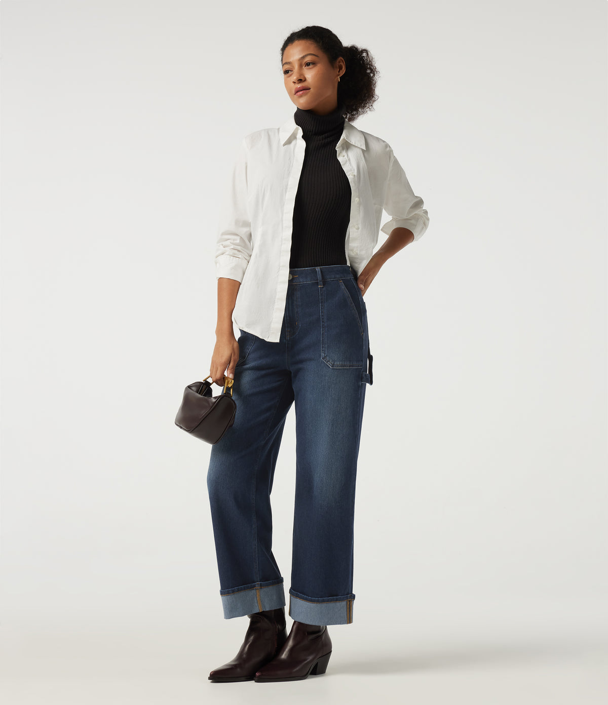 Mid Rise Straight Leg Rolled Hem Casual Cotton Jeans with Pockets — Muted Slate Indigo — view 8