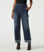 Mid Rise Straight Leg Rolled Hem Casual Cotton Jeans with Pockets — Muted Slate Indigo — view 1