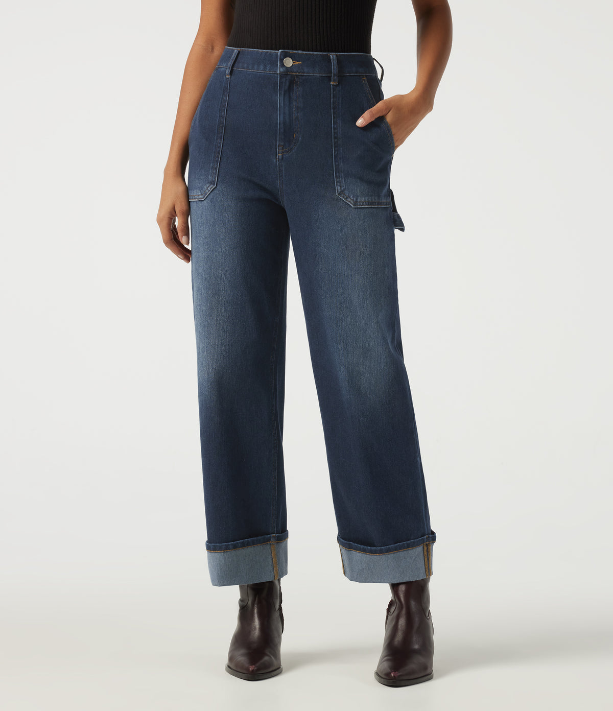 Mid Rise Straight Leg Rolled Hem Casual Cotton Jeans with Pockets — Muted Slate Indigo — view 1