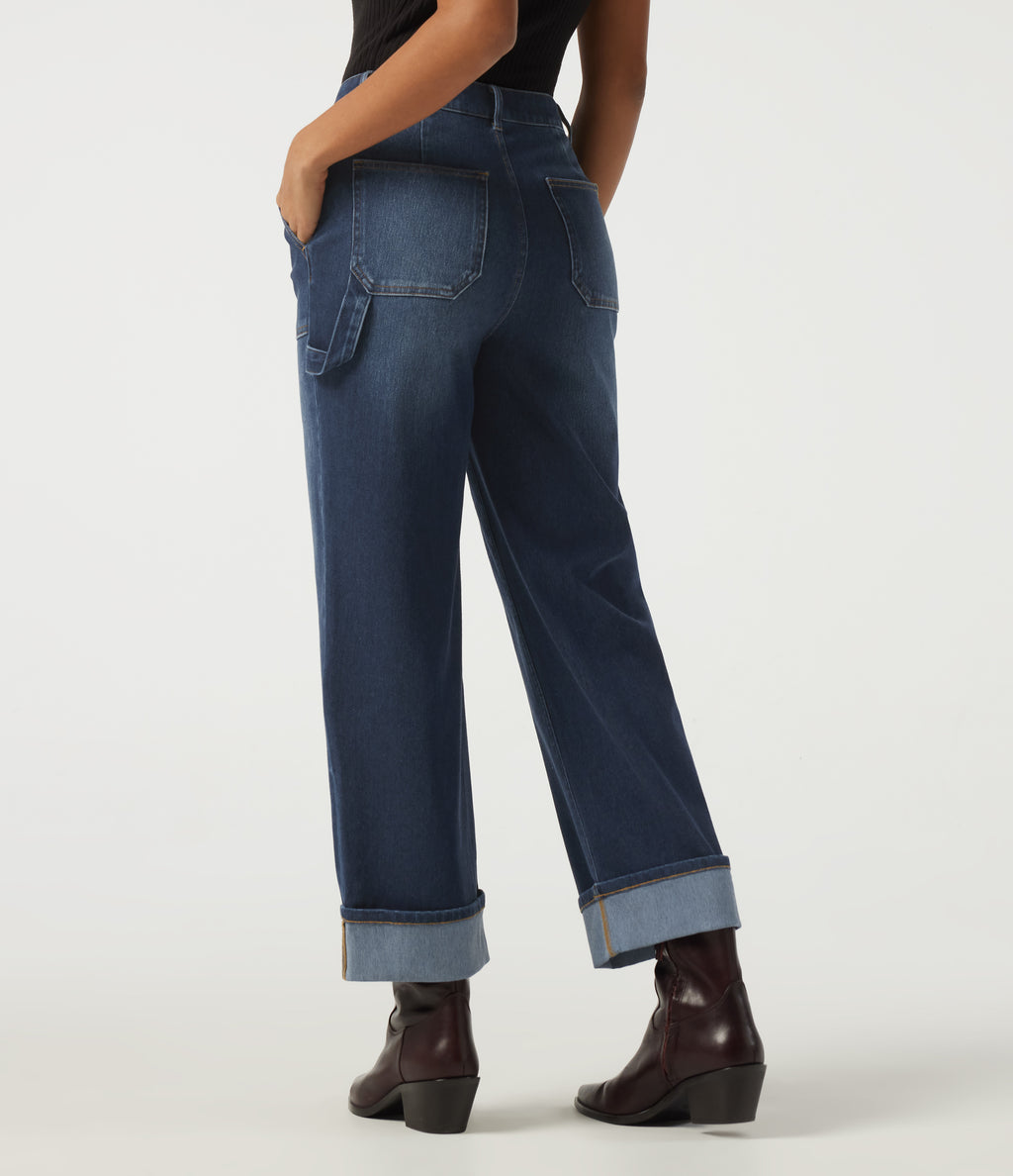 Mid Rise Straight Leg Rolled Hem Casual Cotton Jeans with Pockets — Muted Slate Indigo — view 2