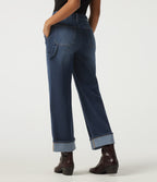 Mid Rise Straight Leg Rolled Hem Casual Cotton Jeans with Pockets — Muted Slate Indigo — view 2