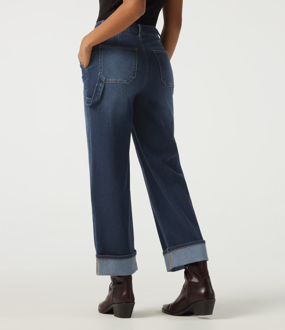 Mid Rise Straight Leg Rolled Hem Casual Cotton Jeans with Pockets — Muted Slate Indigo — view 2