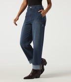 Mid Rise Straight Leg Rolled Hem Casual Cotton Jeans with Pockets — Muted Slate Indigo — view 3
