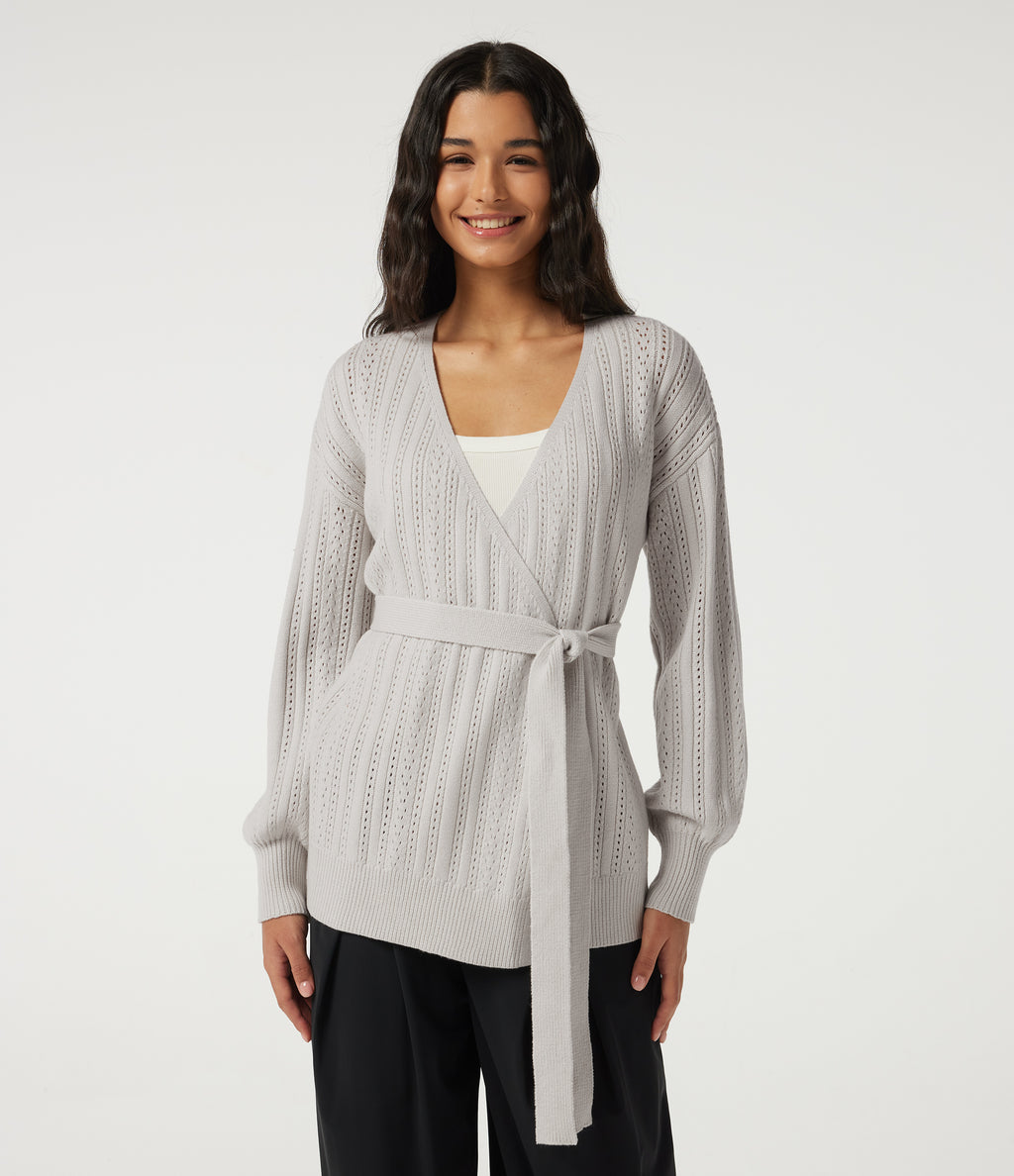 V Neck Long Sleeve Belted Casual Cardigan — Alabaster Veil — view 1