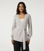 V Neck Long Sleeve Belted Casual Cardigan — Alabaster Veil — view 1
