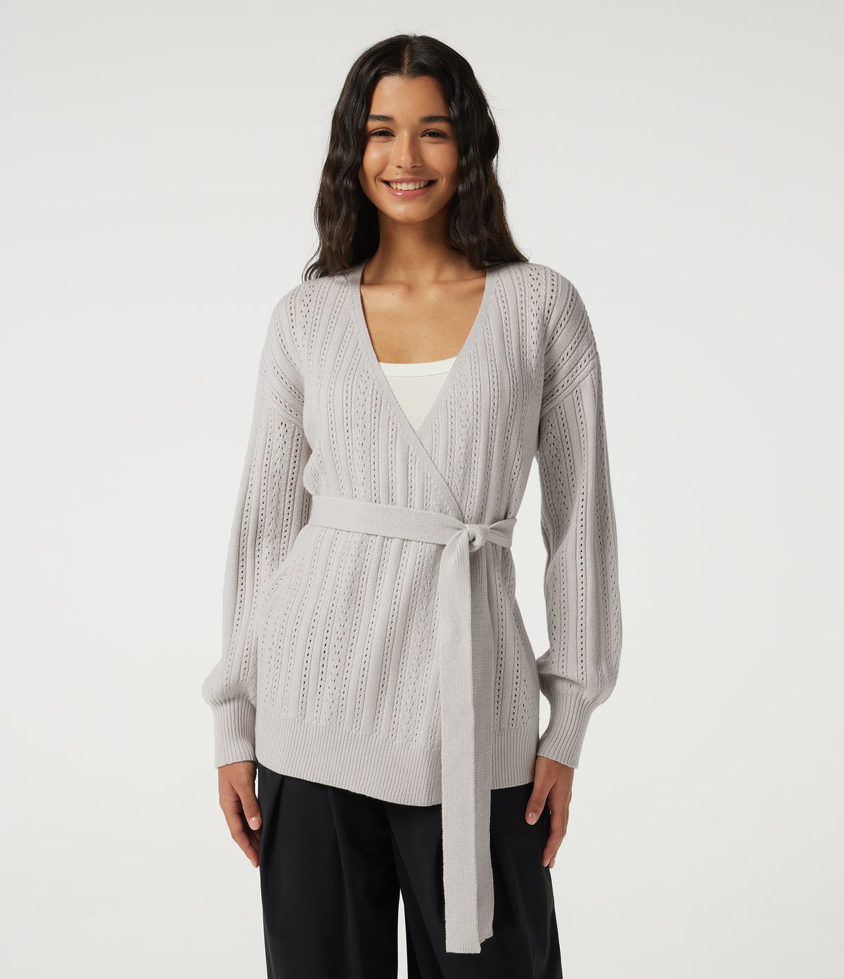 V Neck Long Sleeve Belted Casual Cardigan — Alabaster Veil — view 1