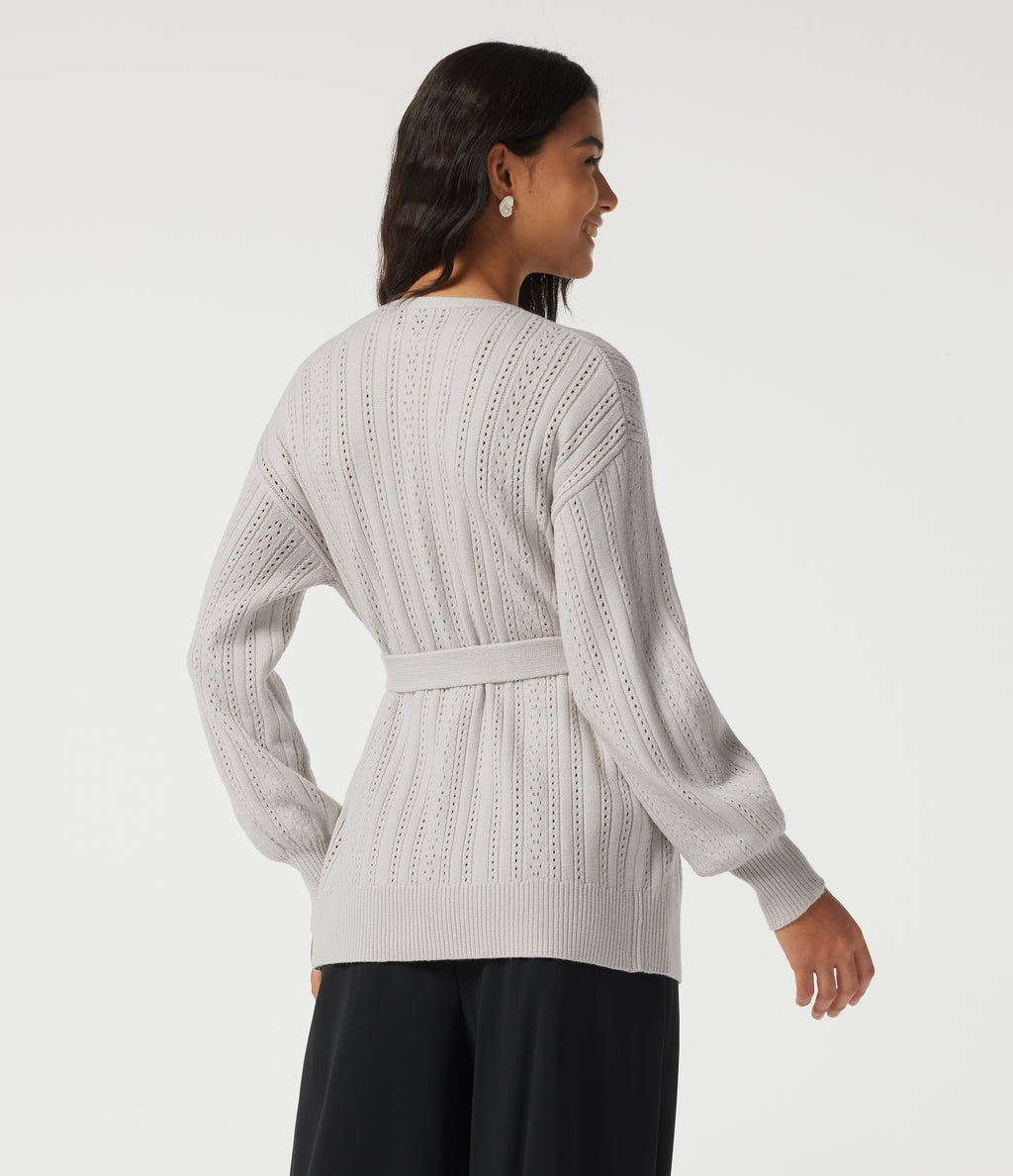 V Neck Long Sleeve Belted Casual Cardigan — Alabaster Veil — view 2