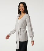 V Neck Long Sleeve Belted Casual Cardigan — Alabaster Veil — view 3