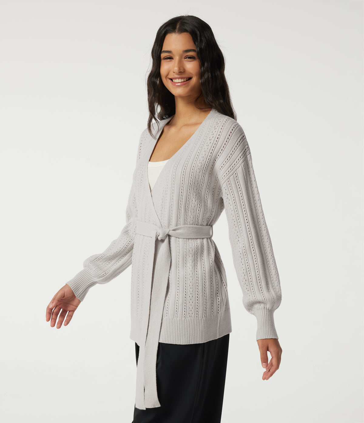 V Neck Long Sleeve Belted Casual Cardigan — Alabaster Veil — view 3