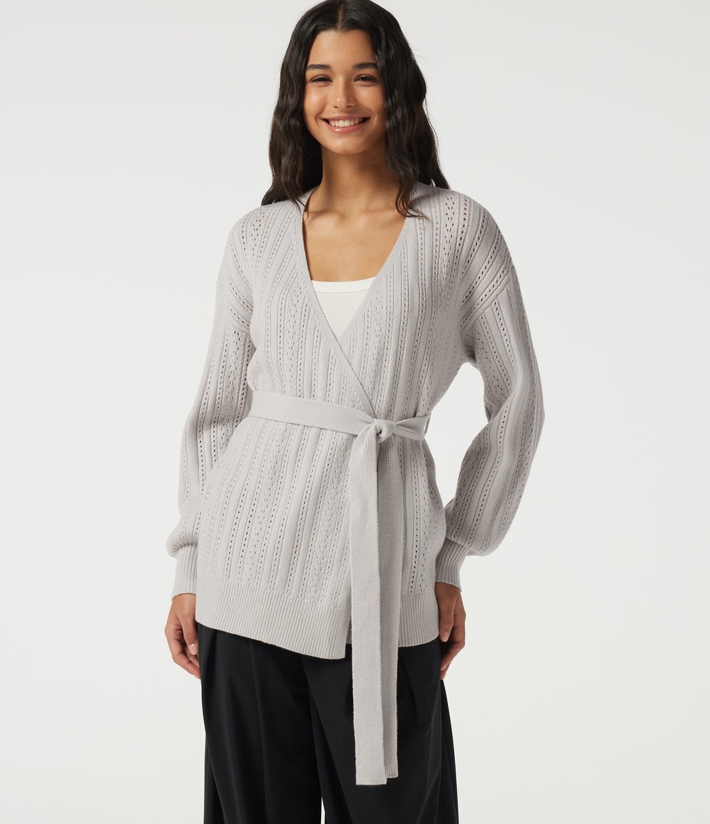 V Neck Long Sleeve Belted Casual Cardigan — Alabaster Veil — view 4