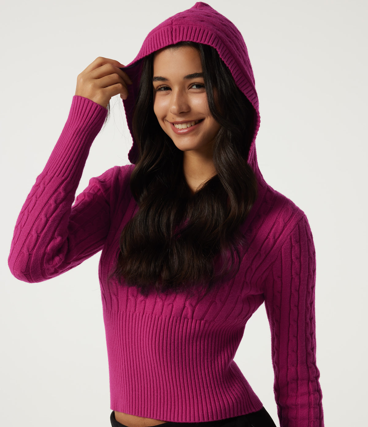 Hooded Slim Long Sleeve Casual Jumper — Raspberry Rose — view 5